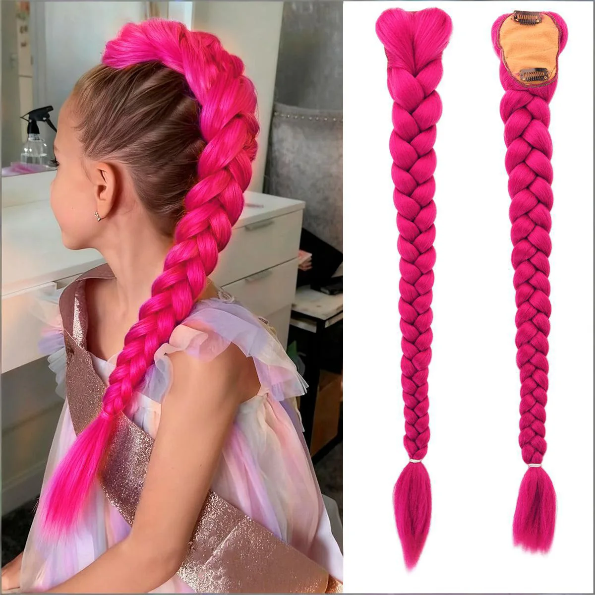 

26inch Synthetic Braiding Hair Ponytail Rumi Costume Hairstyle Long Ponytail with Clips for Kids Girls Halloween Christmas