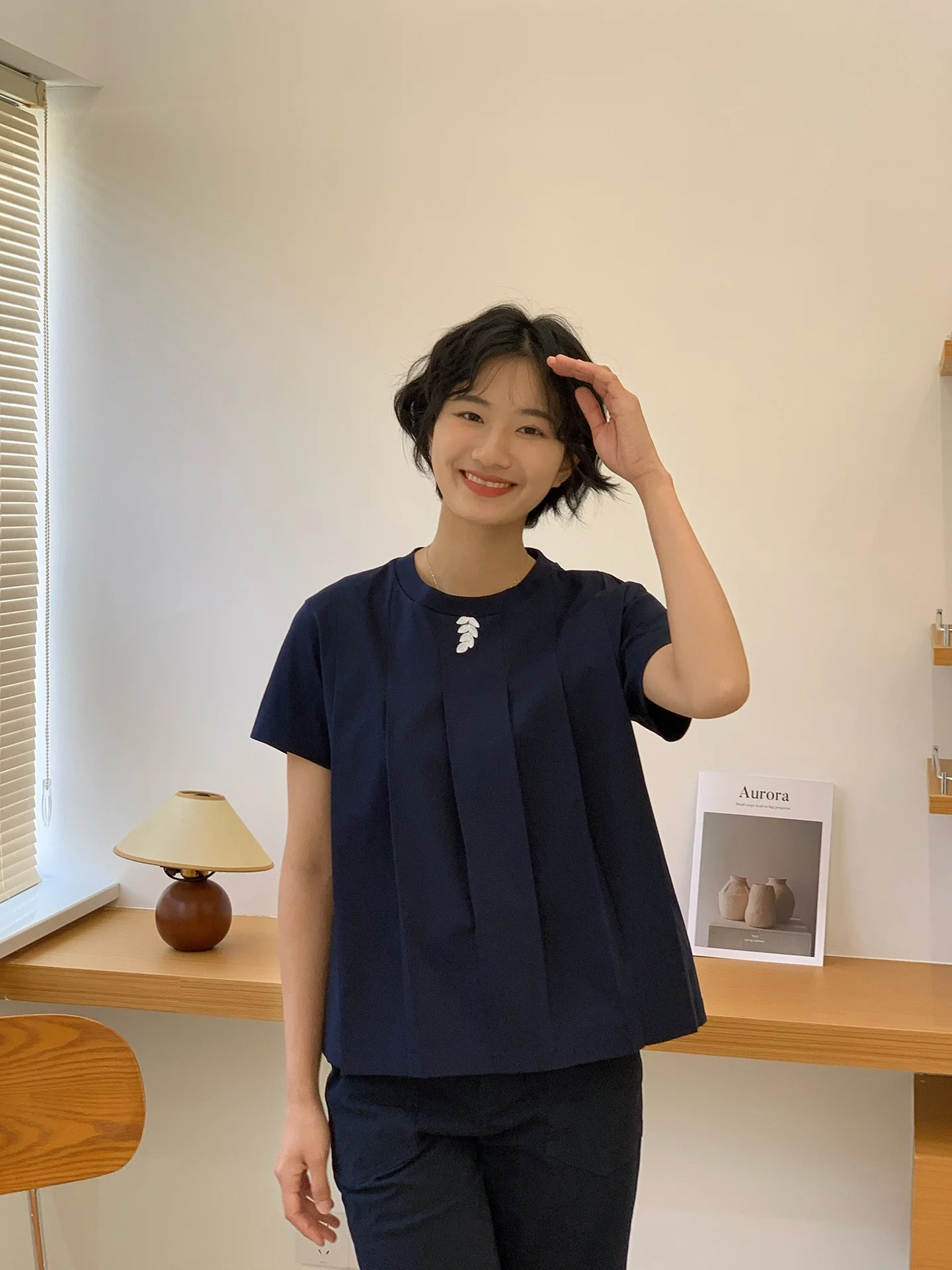 

Pure Cotton Casual irt Women's ort Sve Pleated Blue Summer New Sle Simple Design Casual Faion round Ne Top