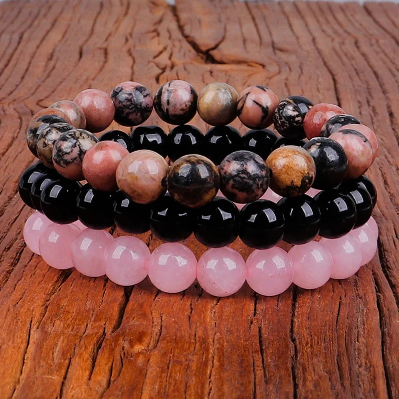 3Pcs Natural Stone Bracelet 8mm Rhodonite Rose Pink Quartzs Amethysts Hematite Bracelets For Women Men Jewelry image 5