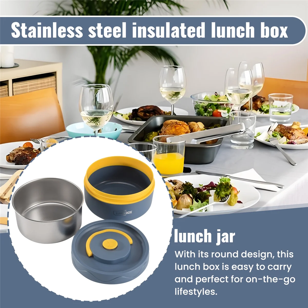 X11AA حاوية غداء دافئة للطعام، حاوية غداء حرارية من الفولاذ المقاوم للصدأ، حاوية طعام حرارية محمولة بينتو، أزرق أ #3