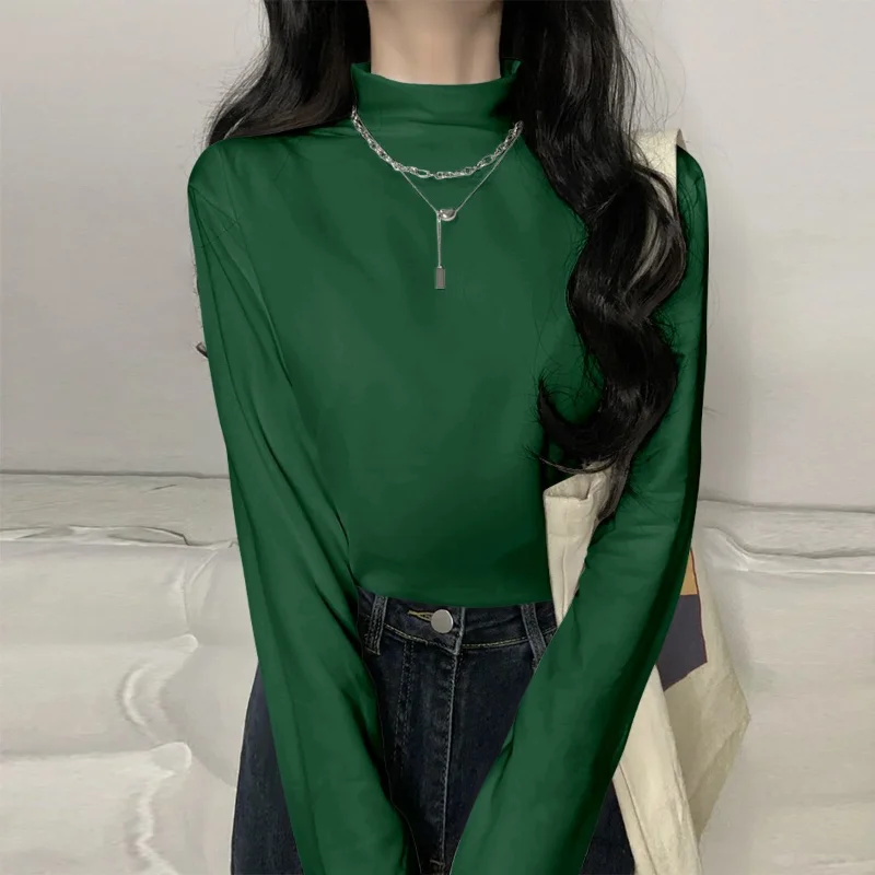 

Women's Spring and Autumn New Half High Collar German Velvet Bottom Commuter Fashion Solid Color Warm Versatile Long Sleeve Tops