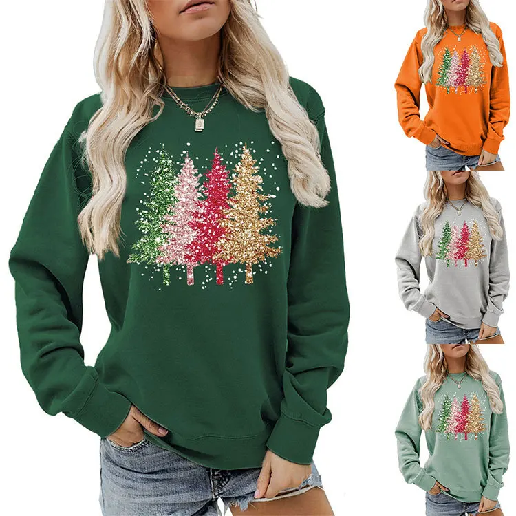 

Autumn women's hoodie four Christmas tree printed top long sleeve crewneck hoodie fashion hoodie loose everything pullover new C