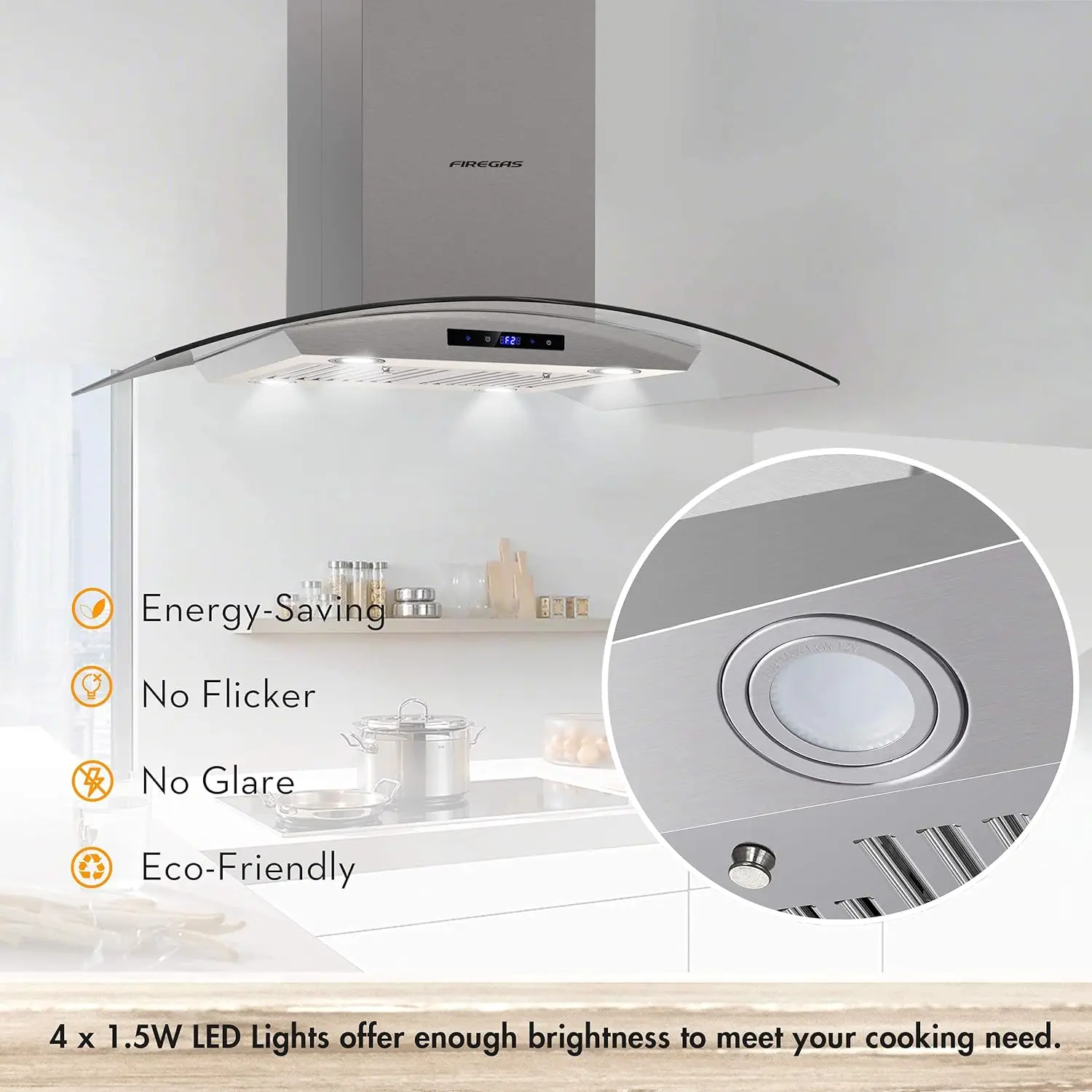 FIREGAS-Kitchen Island Mount Hood, vidro temperado, 4 luzes LED, ventilador de 3 velocidades, 36 ", 450 CFM