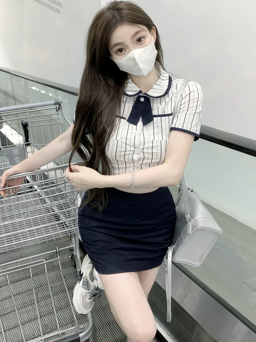 Koreaanse Stijl Jk Uniform Set Tweedelige Meisjes Korte Mouw Gestreepte Shirts Zomer Verzamelen Taille Slanke Blouse Heup Wikkelrok Studenten