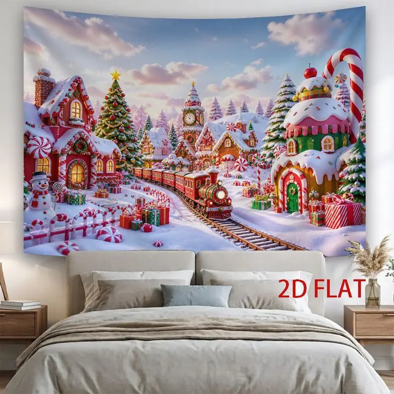 VIKAMA Christmas Candy Village Tapestry Snow Train Winter Xmas Wall Hanging Holiday Party Backdrop for Party Bedroom Decor