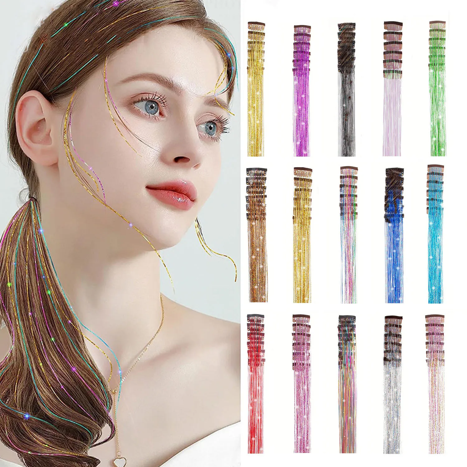 Color bright silk clip seamless hair extensions glitter gold silk dazzling laser wire color strips synthetic wigs