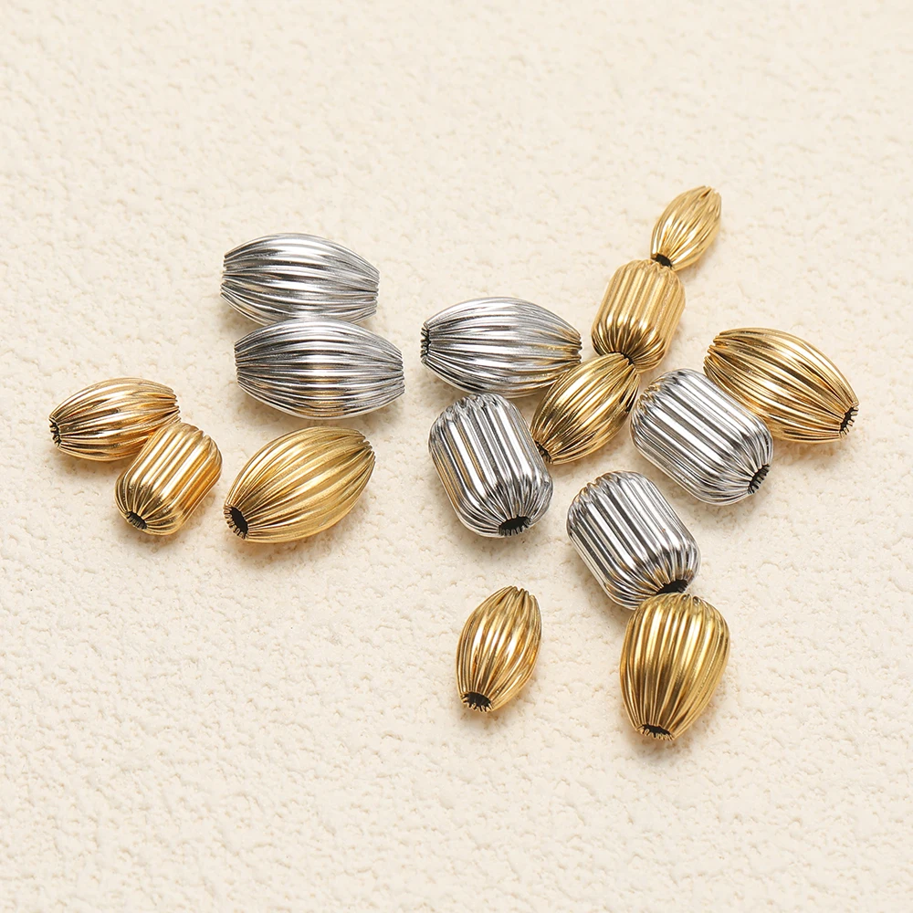 10 Stück Edelstahl Gold Große Gerippte Ovale Tropfenform Lose Perlen DIY Schmuck Halskette Armband Zubehör – Detail 5