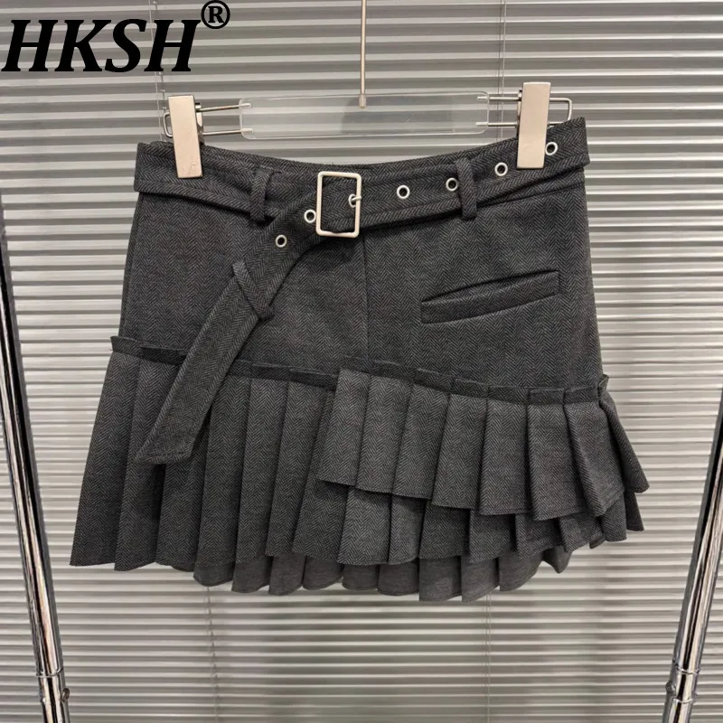 

HKSH Autumn Winter New Women Short Skirt Asymmetric Design Irregular Pleated Belted Versatile A-line Elegant Chic Skirts HK17902