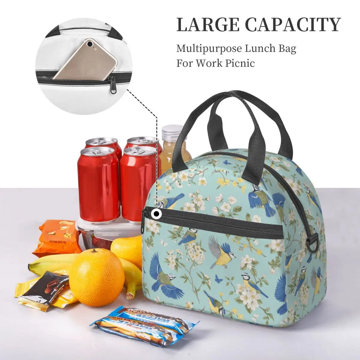 Large Lunch Boxes With Adjustable Shoulder Strap Beautiful Tits Bird Accessories Blooming Trees Lunch Food Box Thermal Cooler