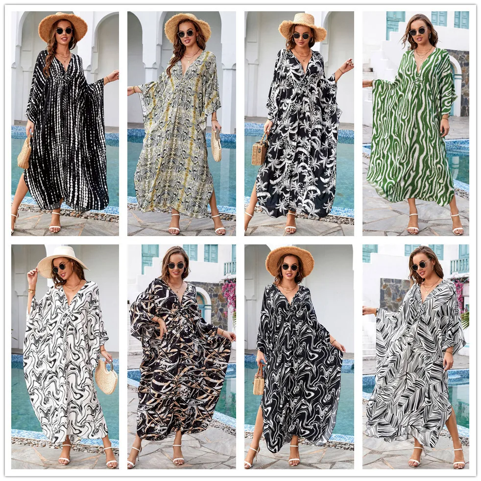 المرأة مثير فتحة رقبة على شكل V بوهو مخطط بيكيني التستر ، فضفاض ، بوهيمي ، عطلة ، عطلة ، قفطان ، ثوب سباحة طويل ، فستان شاطئ