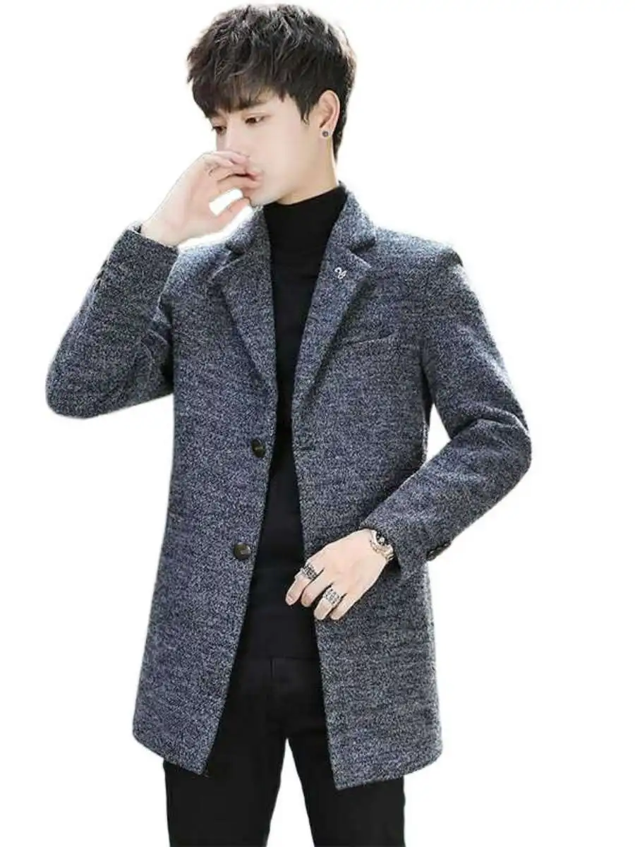 Mantel Wol Pria Trendy, Hangat, Panjang, Jaket Musim Dingin, Pakaian Luar Musim Gugur Musim Dingin, Jaket Angin Modis Pria