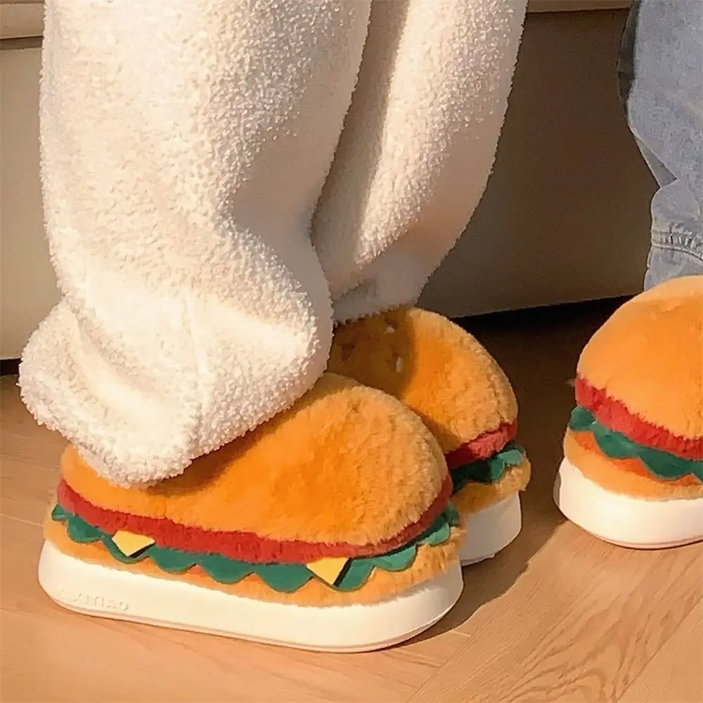 New Hamburger for men women funny Shoes Cotton Plush Cute Slippers Winter Cotton Indoor House Flat Floor Soft Warm Plush Slipper