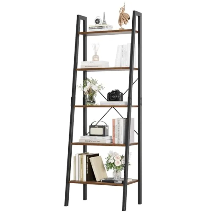 

5-Tier Ladder Shelf Ladder Bookshelf Bookcase with Metal Frame Plant Rack Display Shelf Accent Furniture for Home Office Black/
