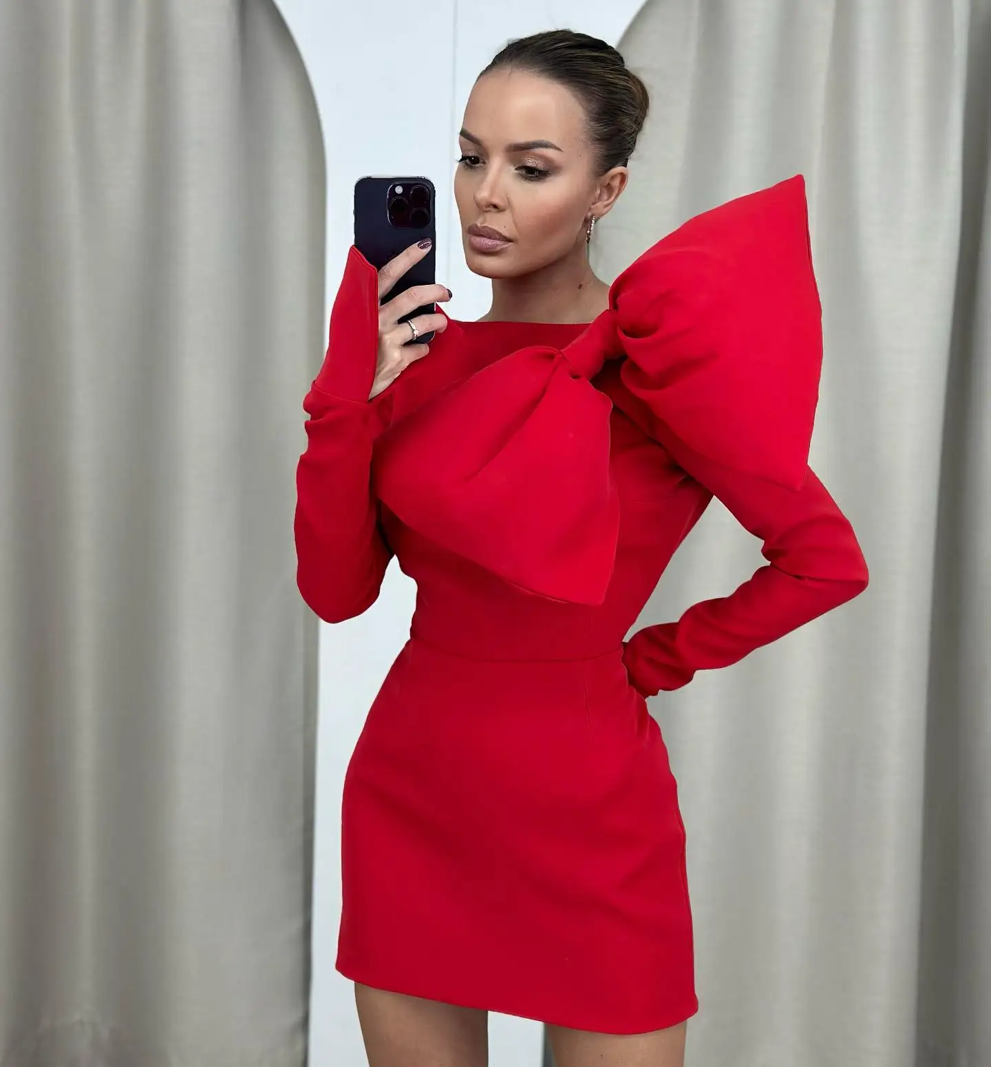 Booma Red Mini Prom Gowns Satin High Neck Long Sleeves Cocktail Dresses for Women Special Occasion Dress with Big Bow Outfits