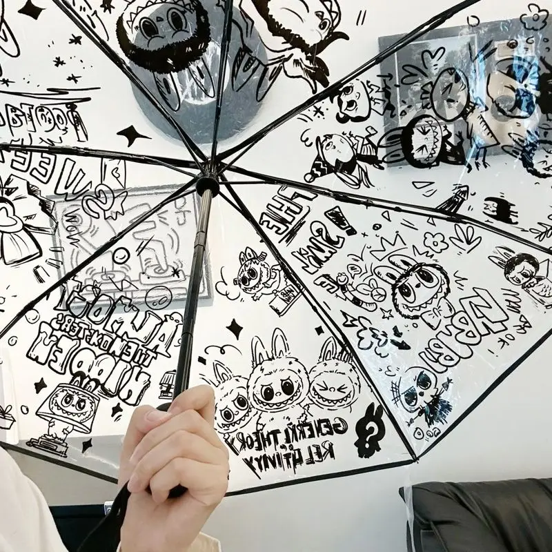 Parapluie transparent de dessin animé pour enfants, style manga mignon, Anime, optique pliante, étudiant frais, cadeaux de Noël, Labubu