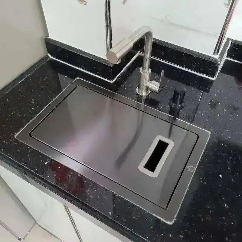 Küchenspüle aus Edelstahl 304, schwarz, Nano, kleines Waschbecken mit einem Schlitz, Geschirrspülinsel, Waschbecken mit Abdeckplatte