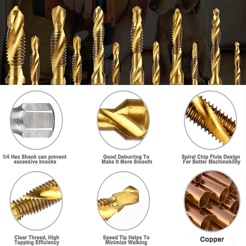 Hex Shank HSS Tap Drill Bit Set, titânio chapeado, rosca, Metric Tap, brocas, torneira composta, 1/4 ", 6pcs