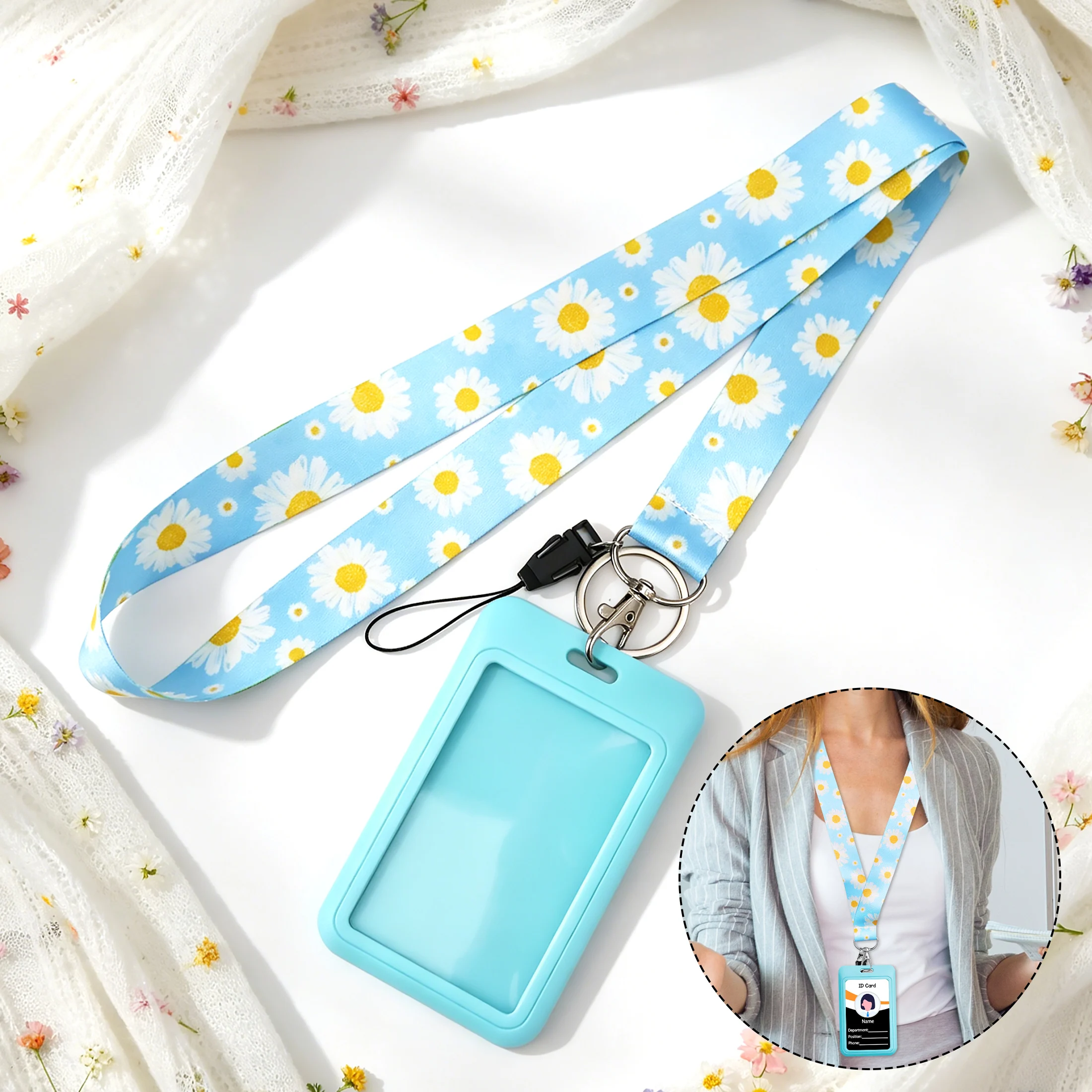 Light Blue White Daisy Print Teacher Lanyard with Card Holder Cute Neck Strap Lanyard for Keys Work ID Bus Card Office Supplies