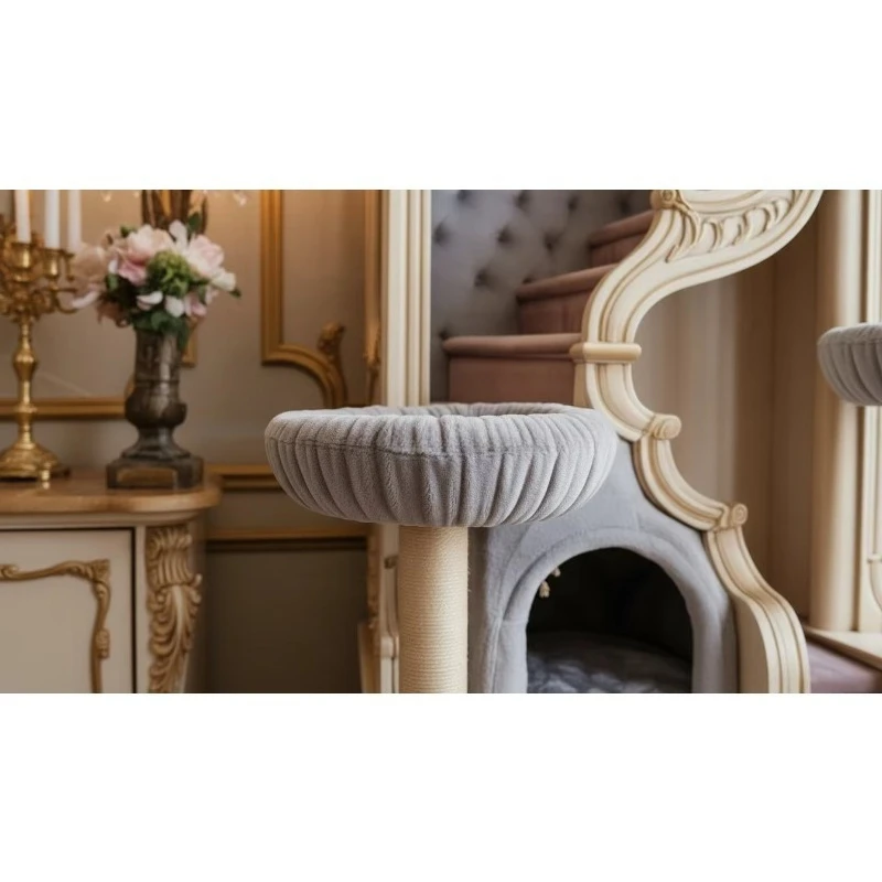 Luxury Royal Style Cat Tree Wooden European Baroque Pet Furniture Villa With Stairs and Velvet Cushion for Large Cats