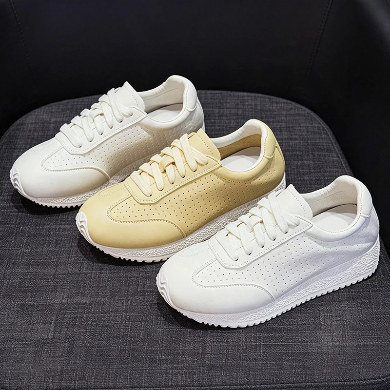 Women Genuine Cowhide Leather Sneakers Breathable Platform Walking Shoes Soft OutSole Casual Lace Up Retro Running Trainers