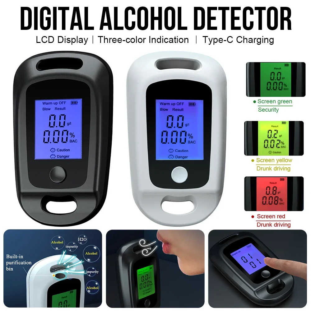 Digital Alcohol Tester 3 color Indication Ethilotest Electronic Alcohol Type-C Accurate Breathalyzer Alcoholtester Car Supplies