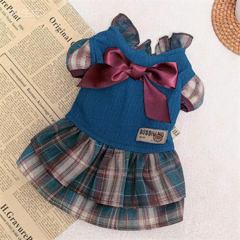 Autumn Winter Girls Dog Dress Striped Plaid Bow Dogs Clothes Luxury Pet Skirt Costume for Dogs Chihuahua Yorkshire Puppy Dresses