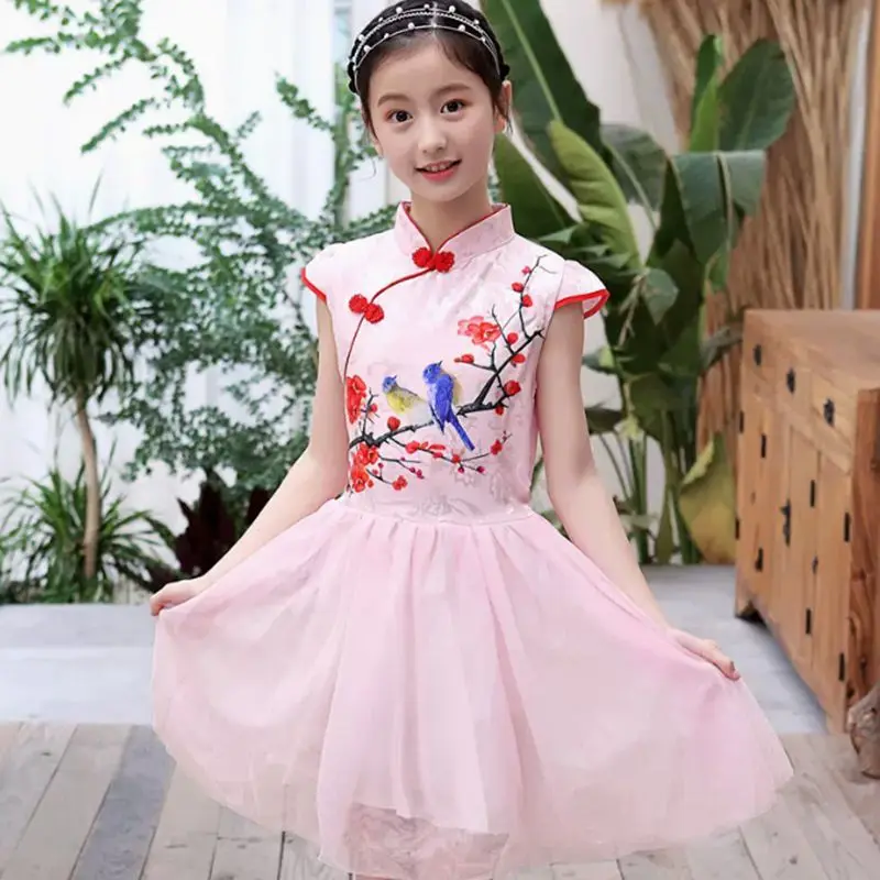 Summer Girls Hanfu Dress Kids Clothes Children Daily Party Traditional Chinese Tang Suit Floral Cheongsam Tulle Dresses