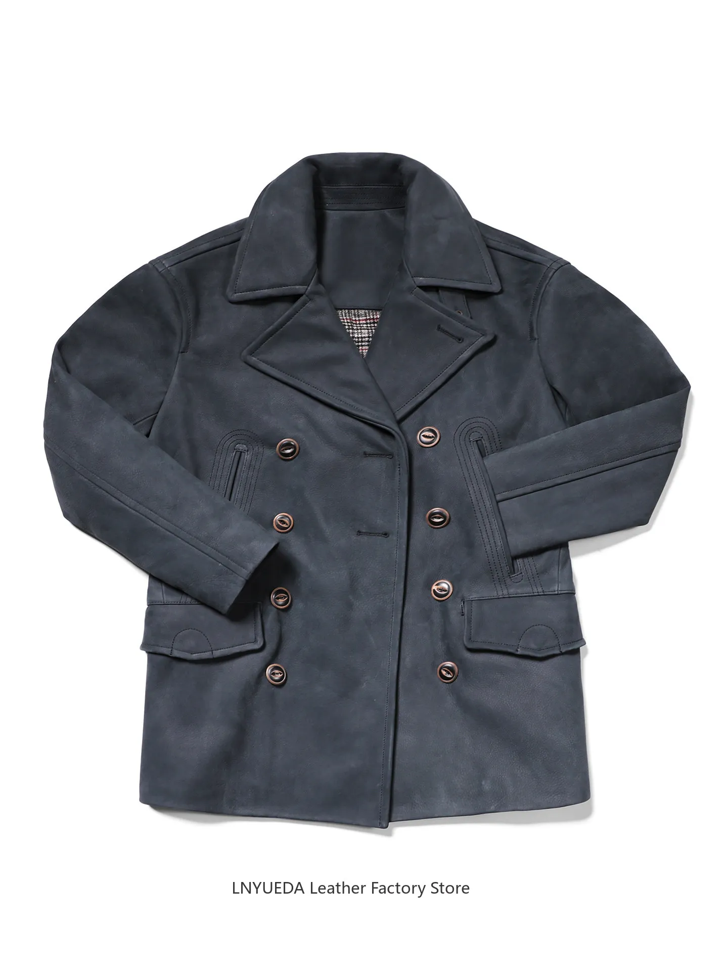 Men Classic 740 Double Breasted Churchill Coat, Heavyweight Vintage Top Grain Cowhide Genuine Leather Mid-Length Outerwear
