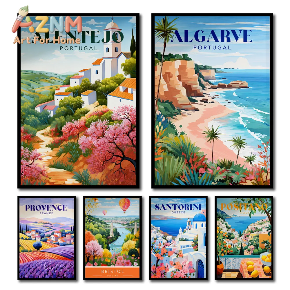 Santorini Greece Art Prints and Posters Colourful Travel Canvas Paintings Santorini Landscape Gallery Wall Art Decor Pictures