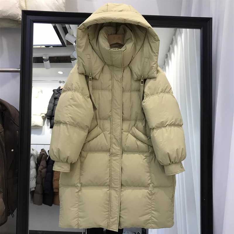 

Зимний повседневный пуховик длиной до колена, женские длинные белые пуховые парки на утином пуху, женская теплая куртка с капюшоном и длинными рукавами, верхняя одежда