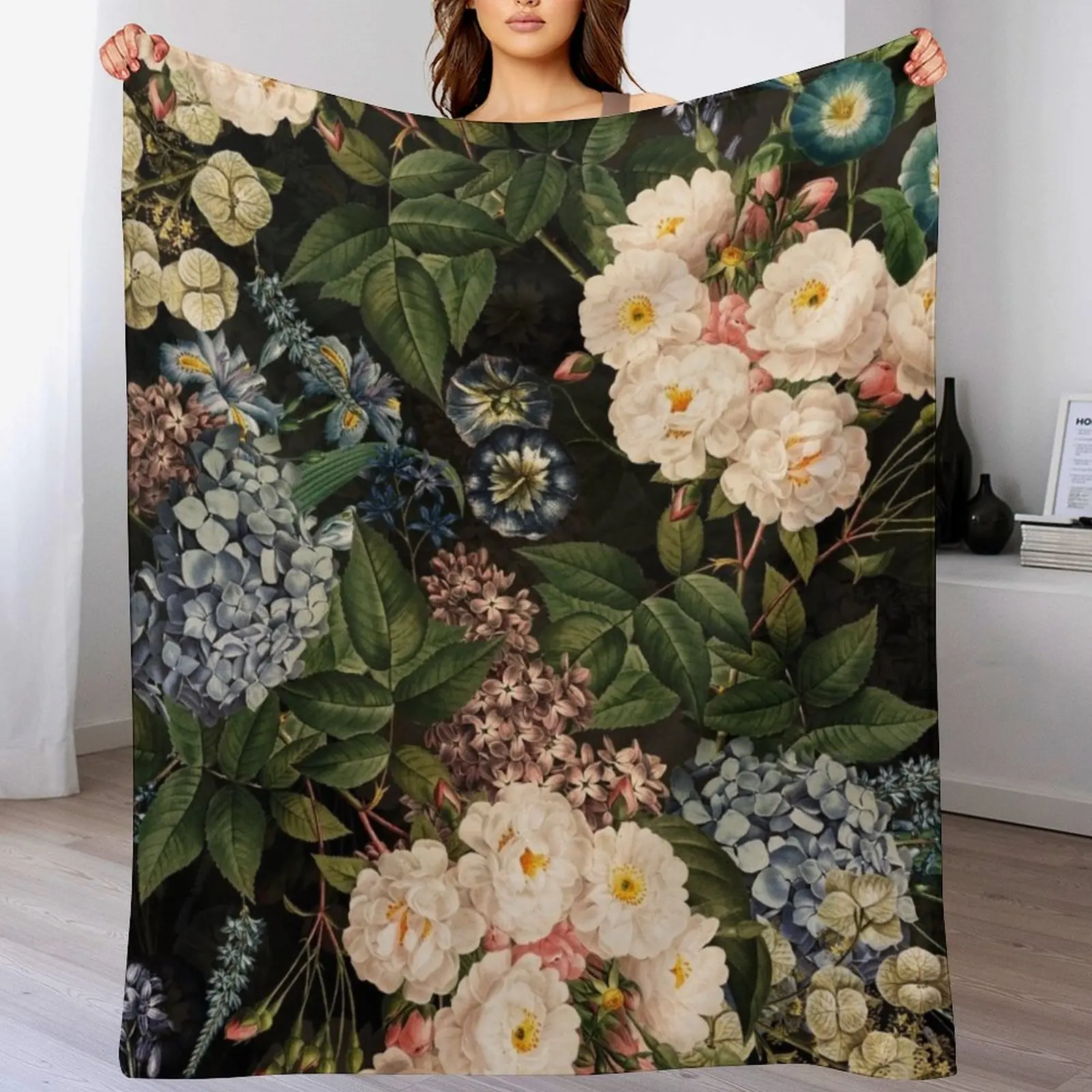 

Blue Hydrangea And White Baroque Vintage Roses Botanical Night Garden Nightgarden Throw Blanket Thermal Warm Blankets