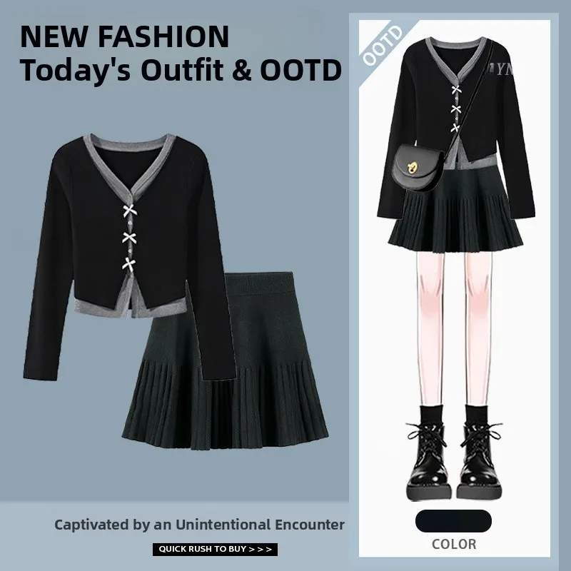 Koreaanse Sle Lange Sve Gebreide Top En Rok Set Afslanken Geplooide f-lengte Tweedelige Ensemble Herfst Faion Outfit