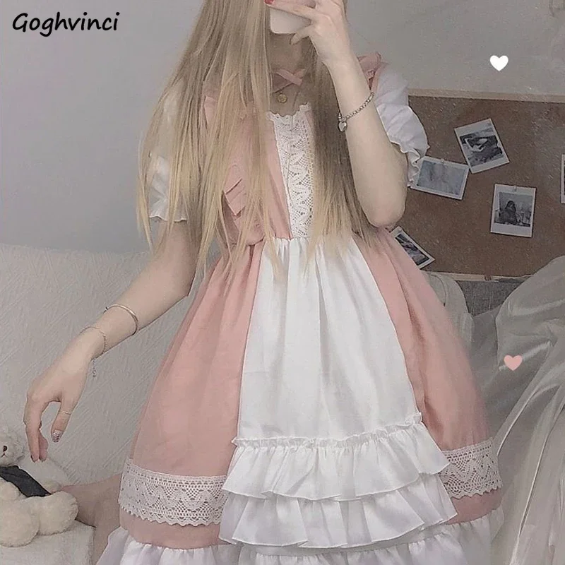 Vestido de mujer de encaje rosa con manga acampanada estilo coreano Harajuku Lolita Cosplay dulce lindo niñas fiesta ajustado Kawaii gótico Vintage Chic