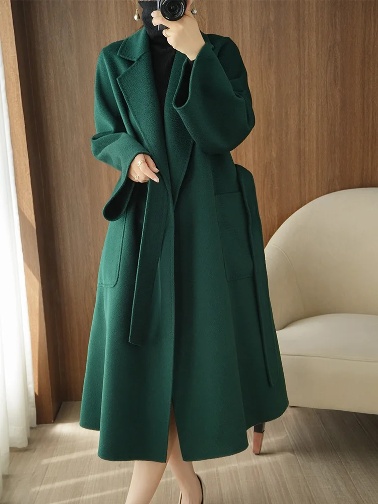 

Water Wave Coat Women's 2023 Autumn/Winter Mid length Loose Double sided Cashmere Coat Korean Lace up Wool Coat