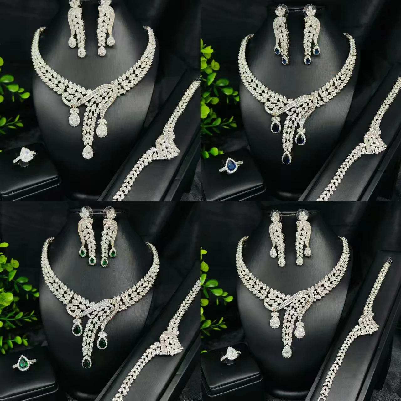 2024 Top 4 Piece Set Dubai Cubic Zirconia Tassel Drop Big Bridal Necklace Bridal Party Luxury Jewelry Set