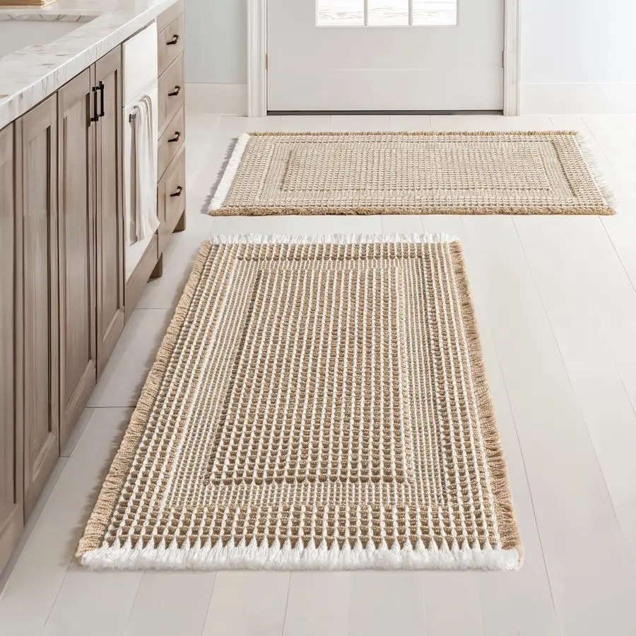 

Набор из 2 вафельных ковриков для ванной, супервпитывающие коврики в стиле бохо, нескользящие, моющиеся, ультрамягкие, с резиновой основой, бежевые коврики для ванной комнаты.