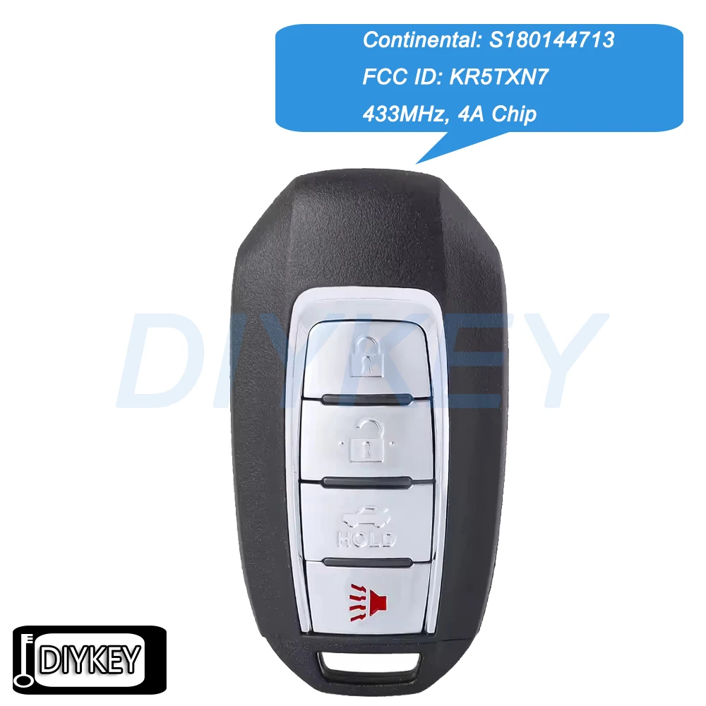 

Смарт-ключ-брелок с 4 кнопками, 433 МГц, чип 4A, замена для INFINITI Q50 Q60 2020-2022 Continental: S180144713 FCC ID: KR5TXN7