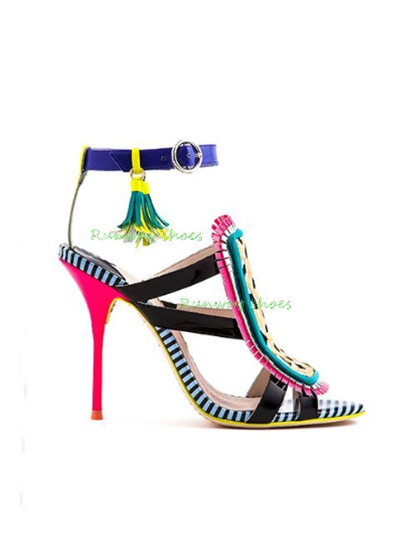 Leopard Print Splicing Open Toes Stilettos Women's Sandals Bow Buckle Color Blocking Rose Red Heels Sexy Luxury Women's Shoes