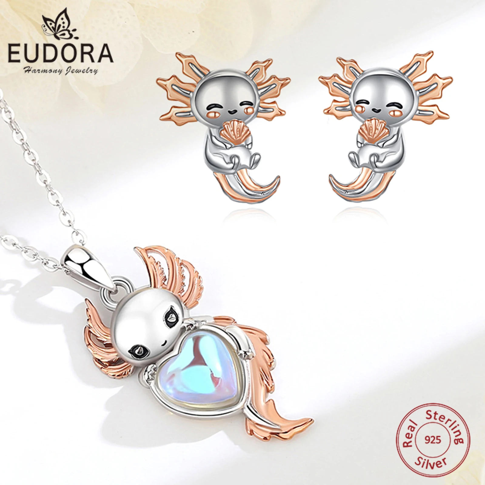 

Eudora 925 Sterling Silver Cute Axolotl Necklace Earrings Kawaii Moonstone Axolotl Jewelry Set Christmas Gift for woman Daughter