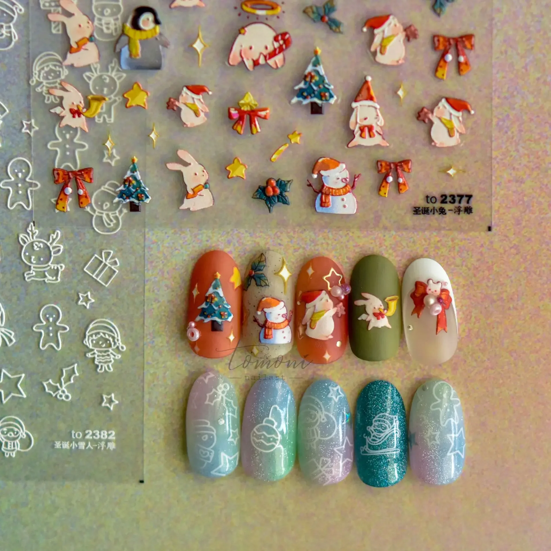 Nail Art Sticker Adhesive Embossing Cartoon Christmas Rabbit Bear DIY Autumn Winter Nail Art Decal Foil Decoration T-2377