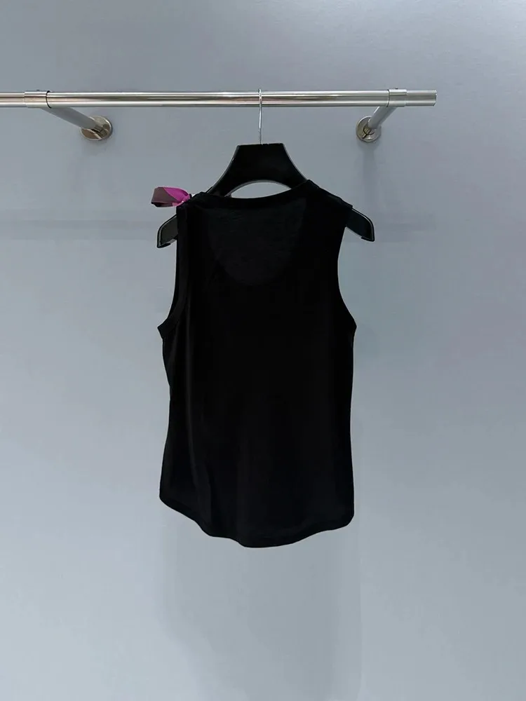 Summer Fashion Daily Casual Black Color Camisole Women's O-Neck Print Butterfly-knot Sleeveless Elastic Force Tops
