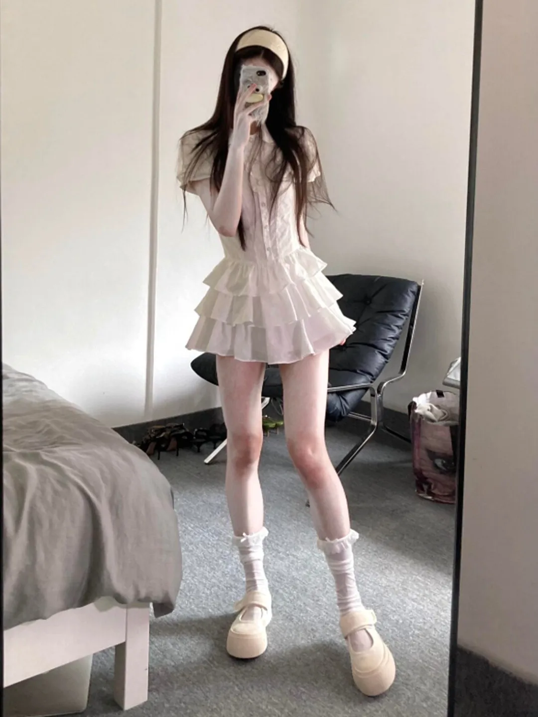 

Sweet Soft Style Bubble Sleeve Shirt Dress Cake Short Skirt Unique Beautiful Summer Dress for Young Women City Commute Casual...