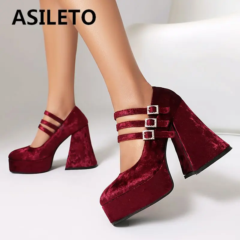 SIMLOVEYO Fashion Women's Platform Pumps Round Toe Block Heels Three Buckles Flock Suede Party Shoes Big Sizes 41-43 Red Black