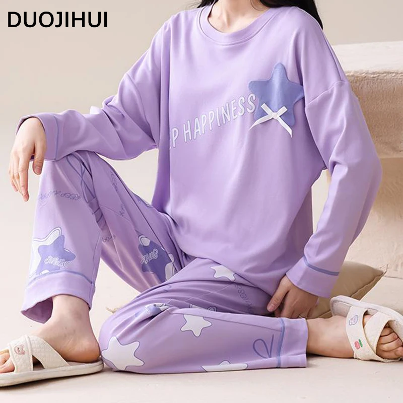 DUOJIHUI Purple Chicly Printing Fashion Pajamas for Women Classic Solid Color Autumn New Loose Simple Casual Female Pajamas Set