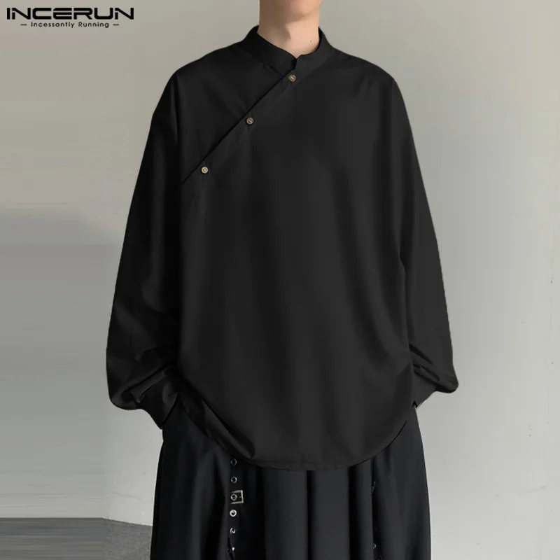 Incerun เสื้อคอตั้งผู้ชายสไตล์เกาหลี, เสื้อเบลาส์ S-5XL ยาวลำลอง