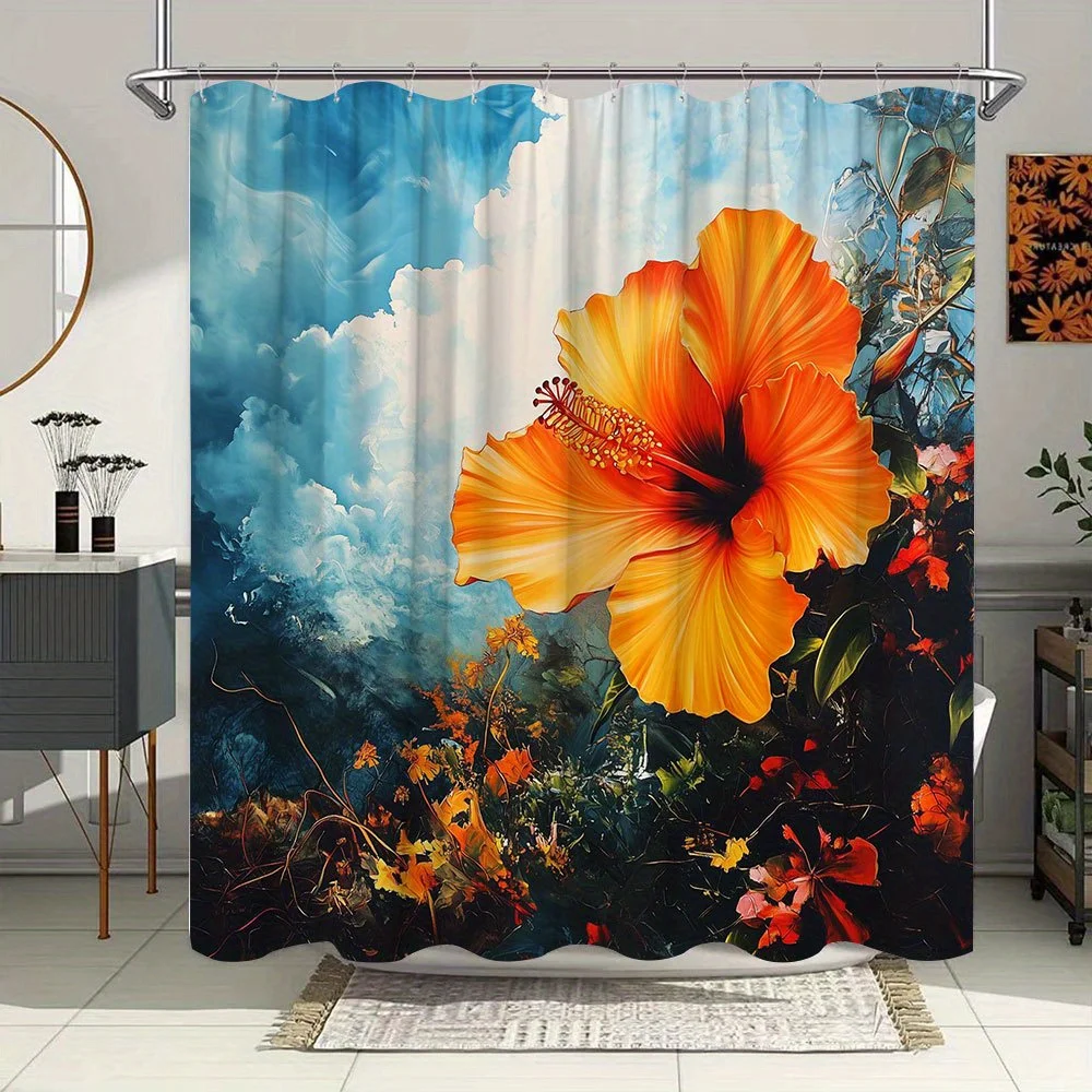 

1pc Tropical Hibiscus Shower Curtain - Vibrant Orange Flower & Green Leaves Design, Realistic Nature Art with Dramatic Cloudy