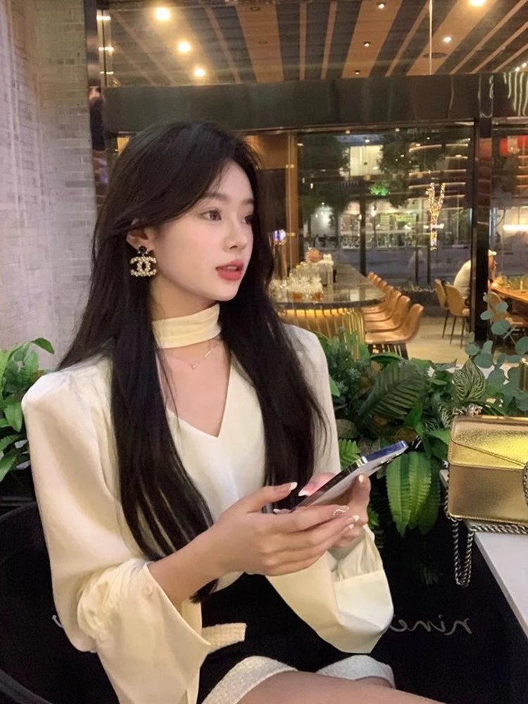 

Elegant V-Neck Shirt Women's New Style Spring Autumn Fashionable Top Layered Wear Sash Korean Loose Fit Long Sleeve