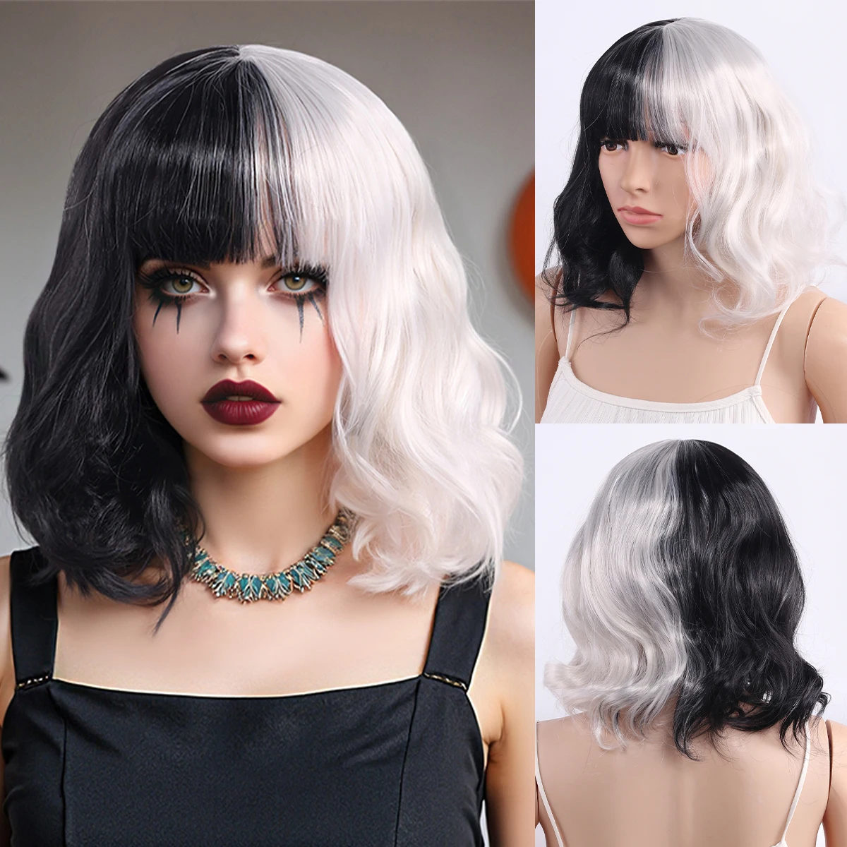 

Черно-белый короткий парик длиной до плеч 35 см с челкой, синтетический парик для косплея и Хэллоуина