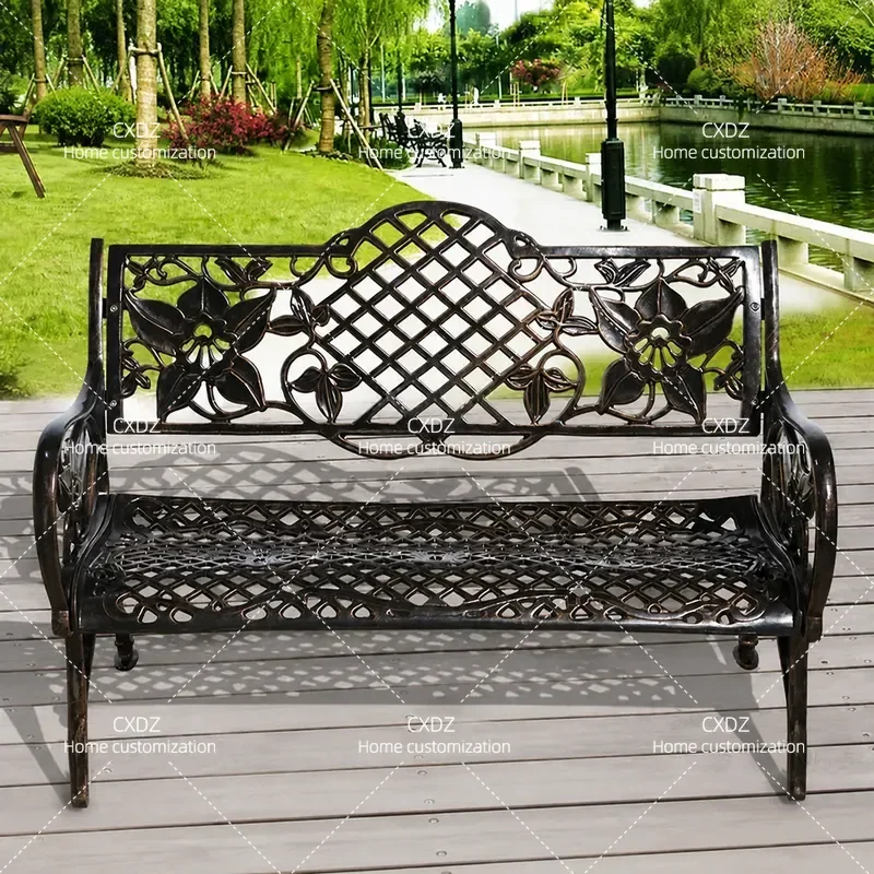 Rattan Outdoor Park Chair Cast Aluminum Leisure Bench for Garden Patio Row Seating Durable Weather Resistant Public Space