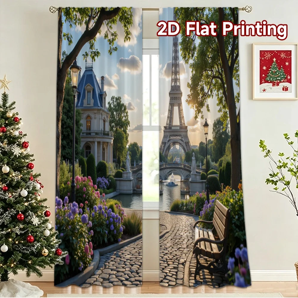 2D flat 2pcs Curtain Home Short Curtains Paris Garden Eiffel View Durable polyester fiber Festive Holiday Use for Booths Studio
